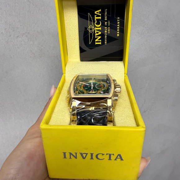 Invicta Gold-Tone Watch with Green Dial and Black Strap - Picture 2 of 3